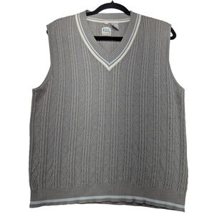 Lady Fairway Vintage Grey Cable Knit V-Neck Golf Sweater Vest Large Striped Trim
